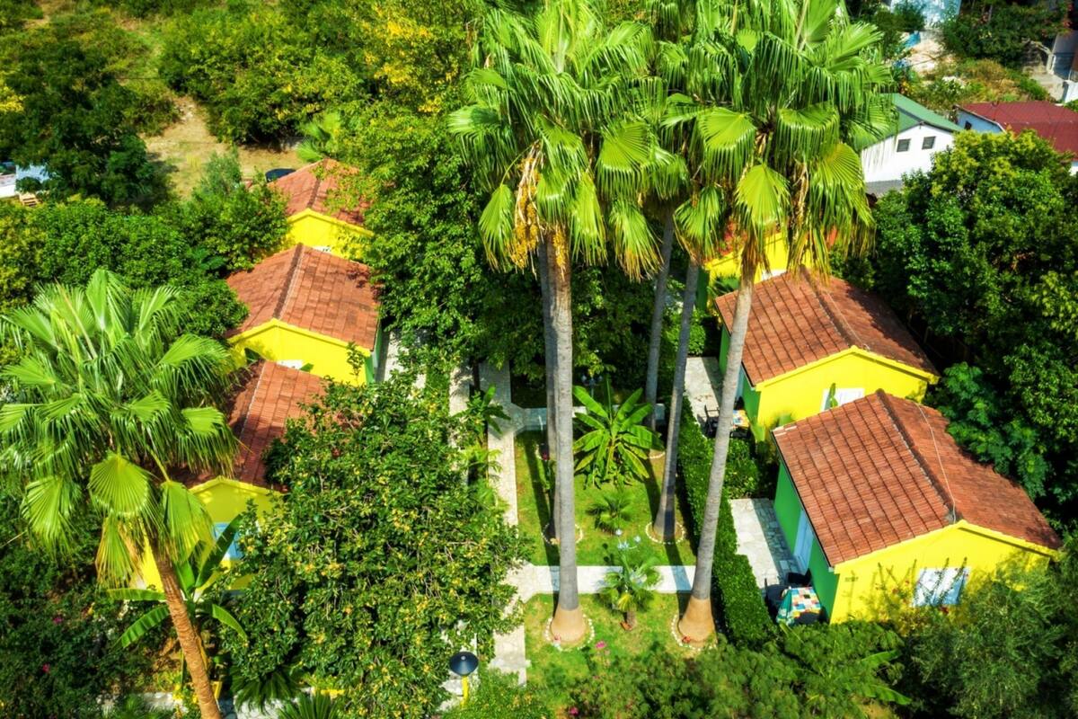 A residential area with multiple houses, some with red roofs, surrounded by lush greenery and palm trees.