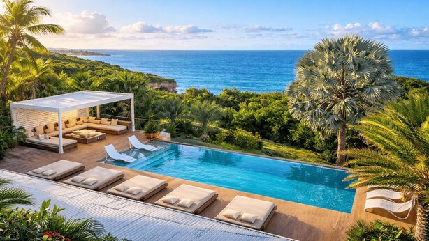 Ein Poolbereich mit Liegestühlen, einer überdachten Sitzgelegenheit und Blick aufs Meer.