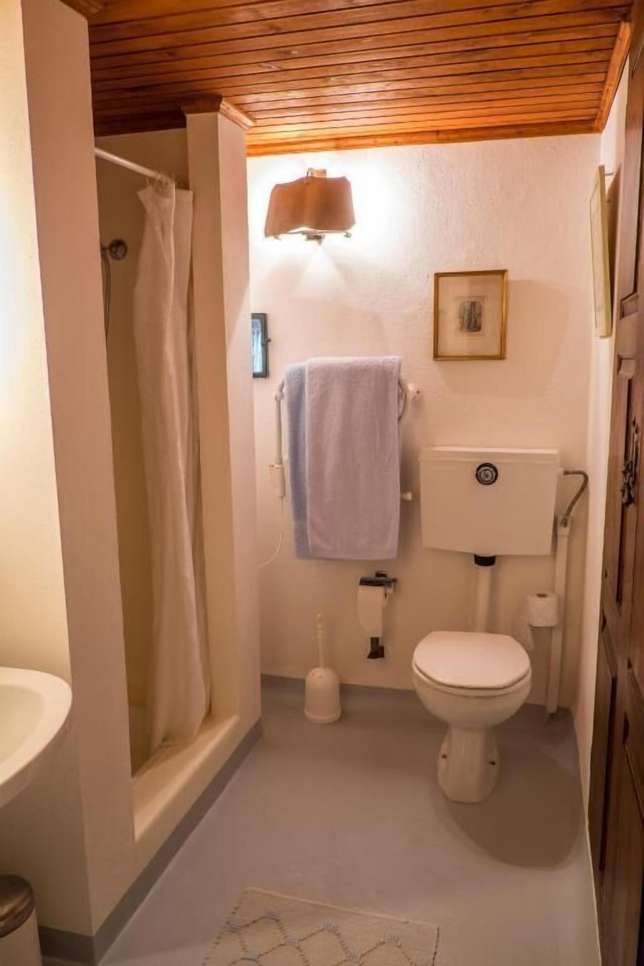 A bathroom with a shower, toilet, and sink.