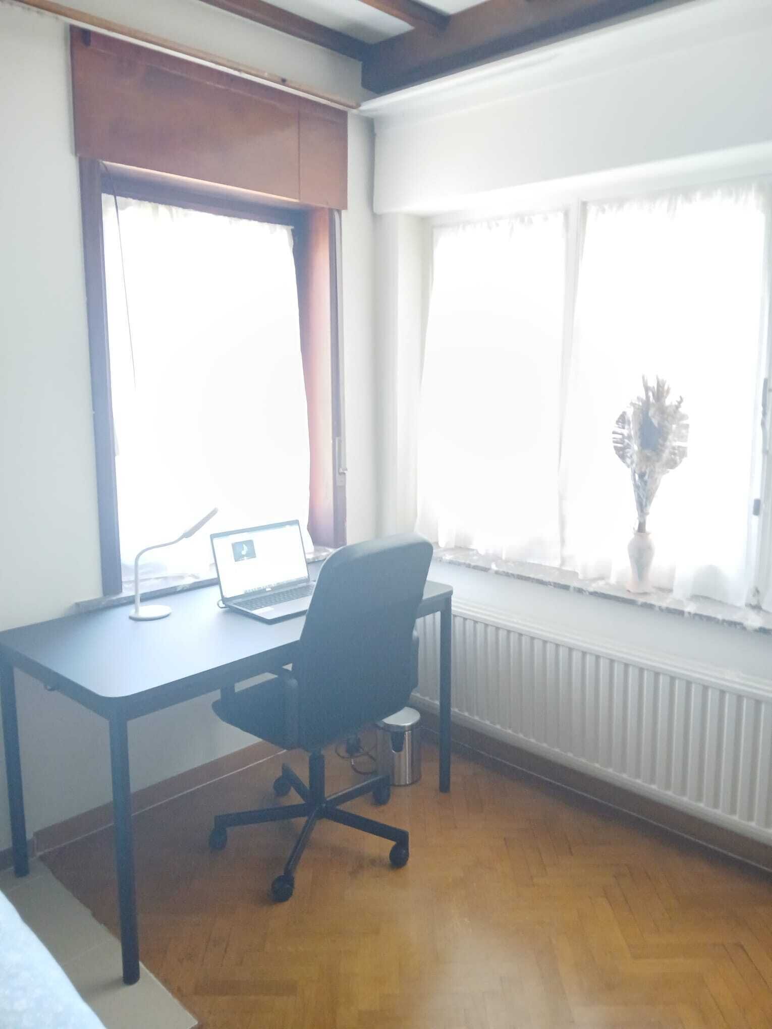 Une pièce comprenant un bureau, une chaise, un ordinateur portable et un radiateur.