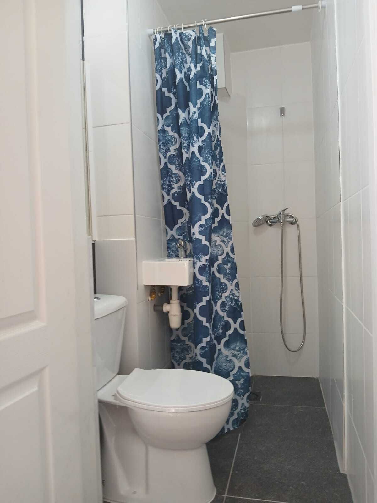 A small bathroom with a toilet, a sink, and a shower.