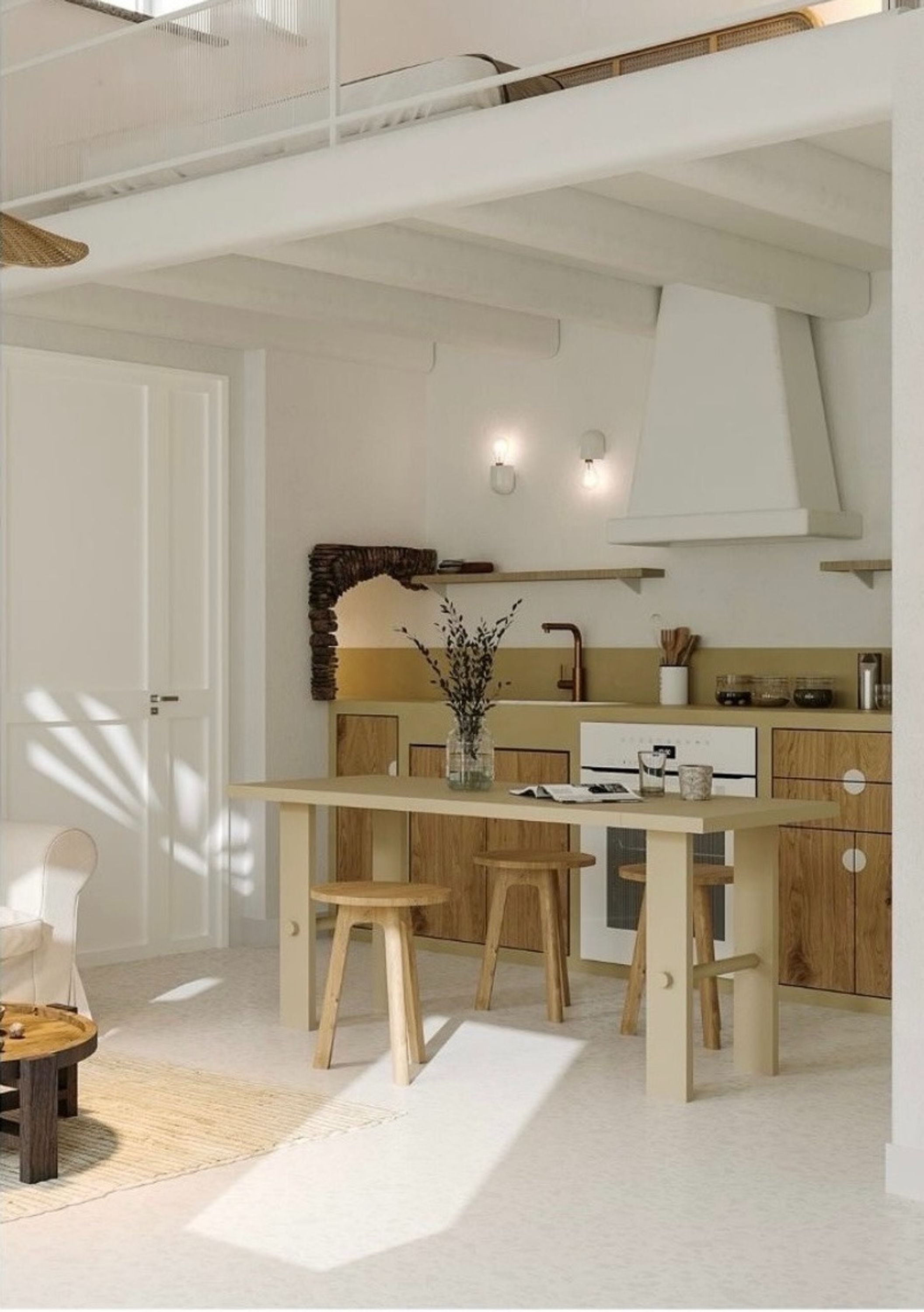 Cozinha moderna com ilha central, banquetas de madeira e forno embutido.