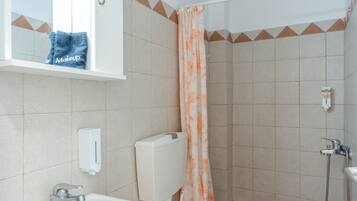 Ein Badezimmer mit Dusche, Waschbecken, Toilette, Handtuchhalter mit Handtuch und einer Seifenspender.