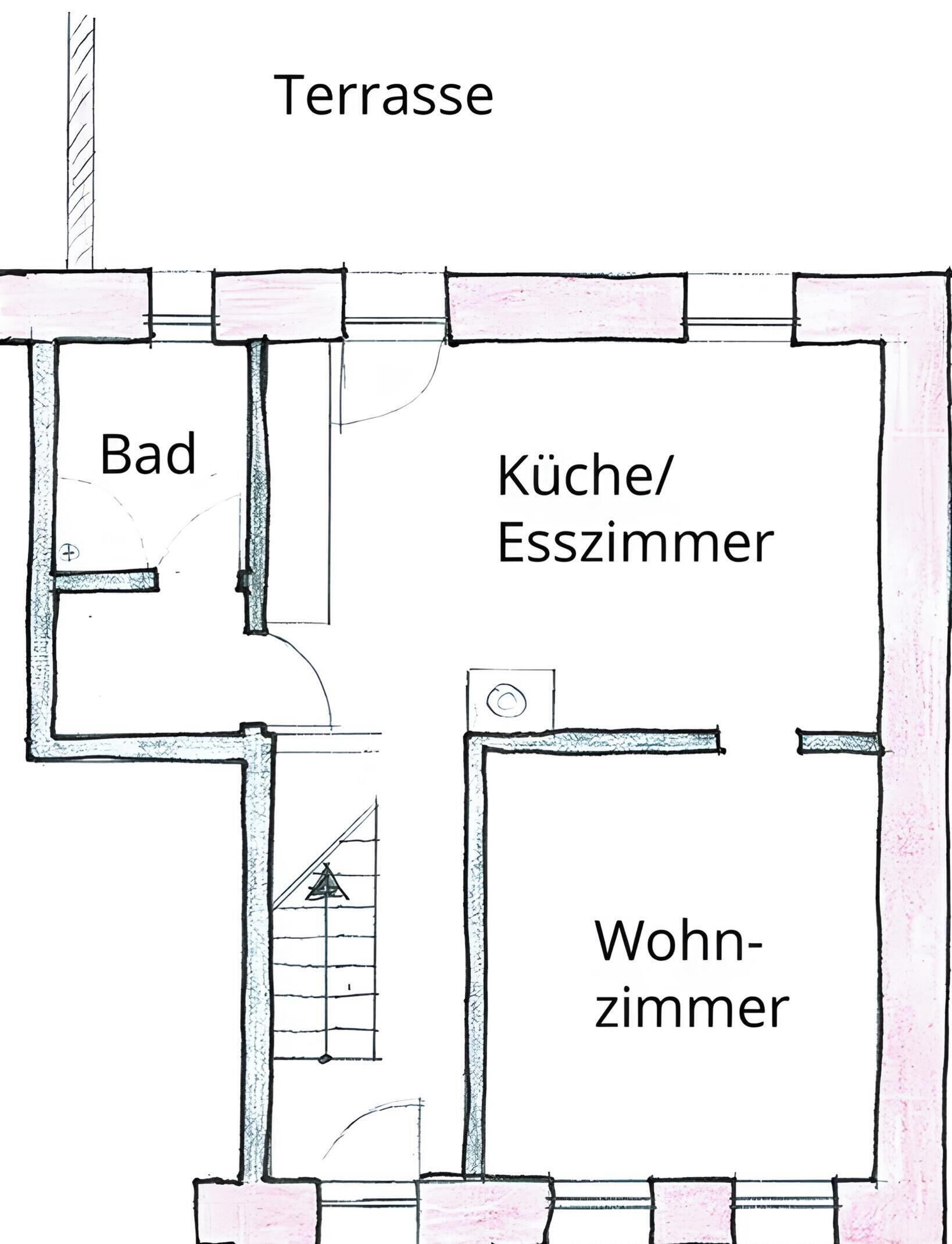 Ein Grundriss mit Terrasse, Bad, Küche/Hauswirtschaftsraum und Wohnzimmer.