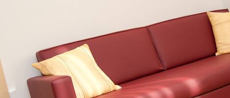 A red leather sofa with two cushions against a plain wall.