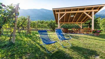 Ein Garten mit einer Pergola, einem blauen Liegestuhl und einem Tisch mit Stühlen.