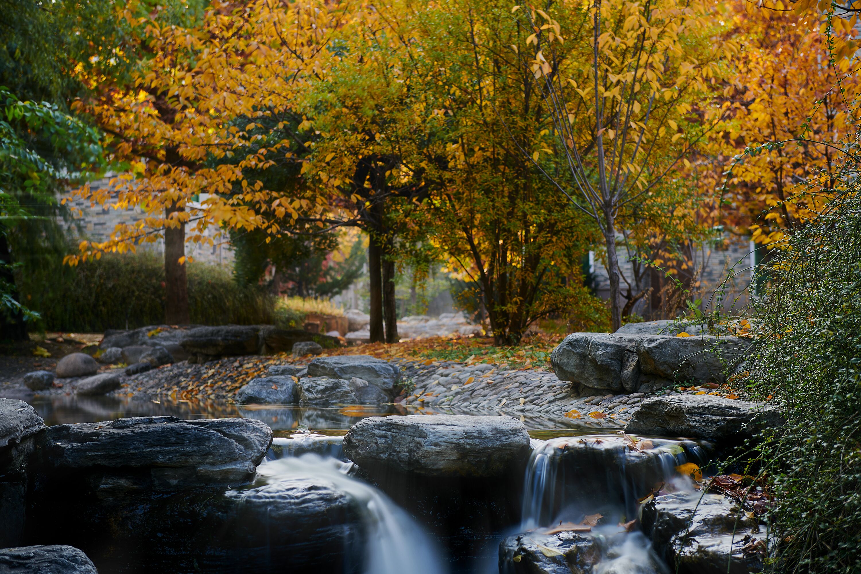A natural landscape with a waterfall, rocks, and autumn foliage.