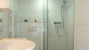 Chuveiro, secador de cabelo, sabonete, papel higiênico