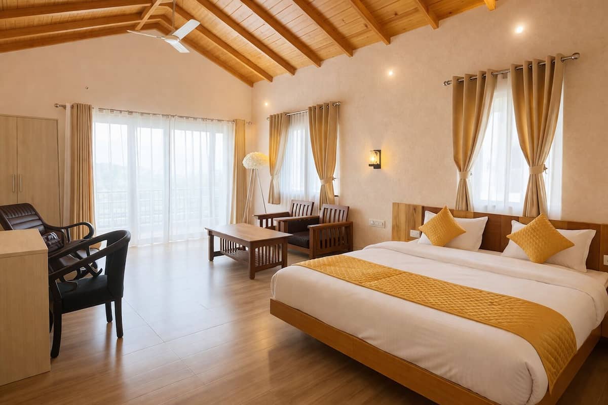 Une chambre d’hôtel avec un grand lit, un bureau, une chaise et une lampe.