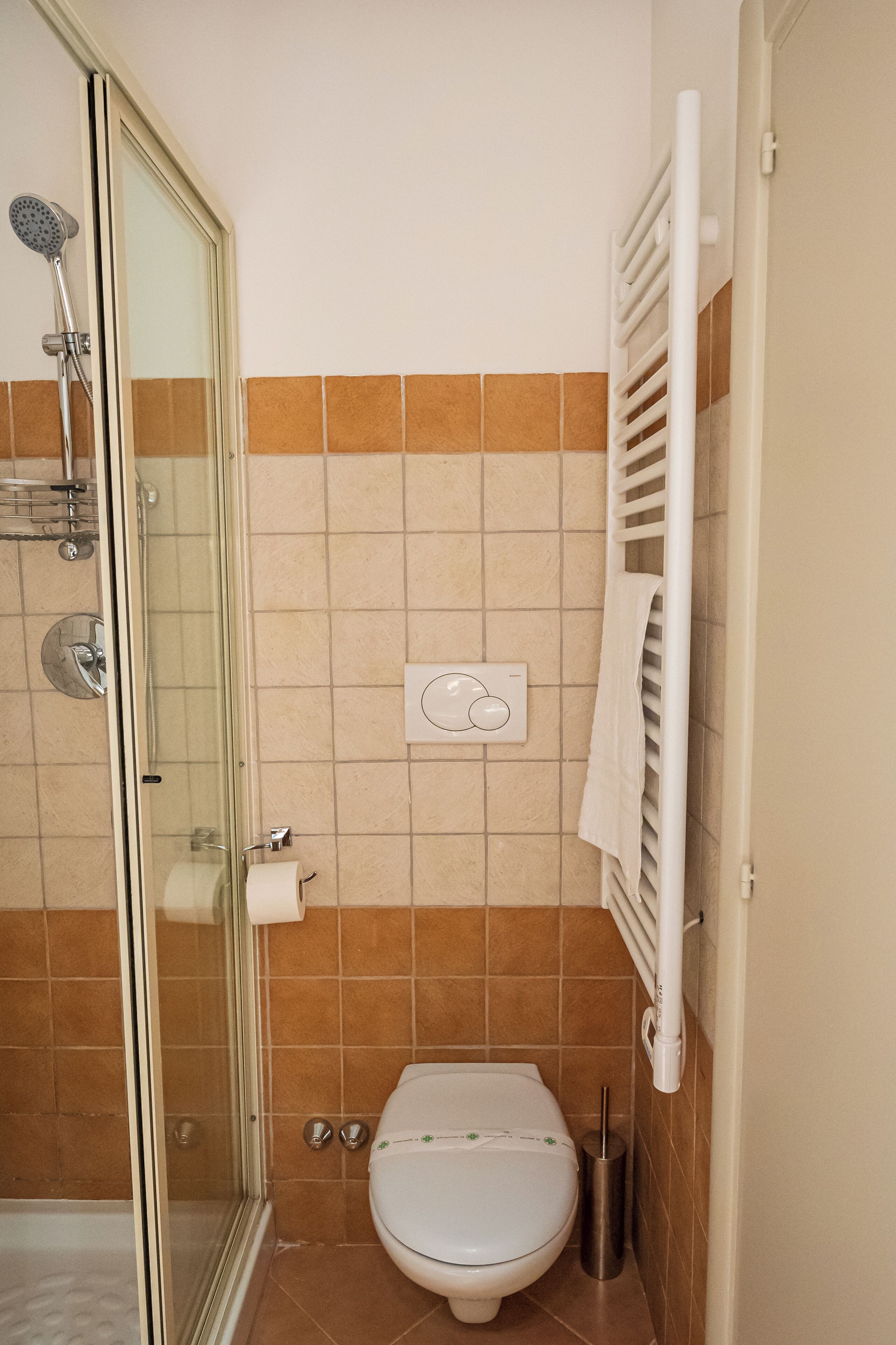 Un baño con ducha de mampara de vidrio, inodoro y toallero.