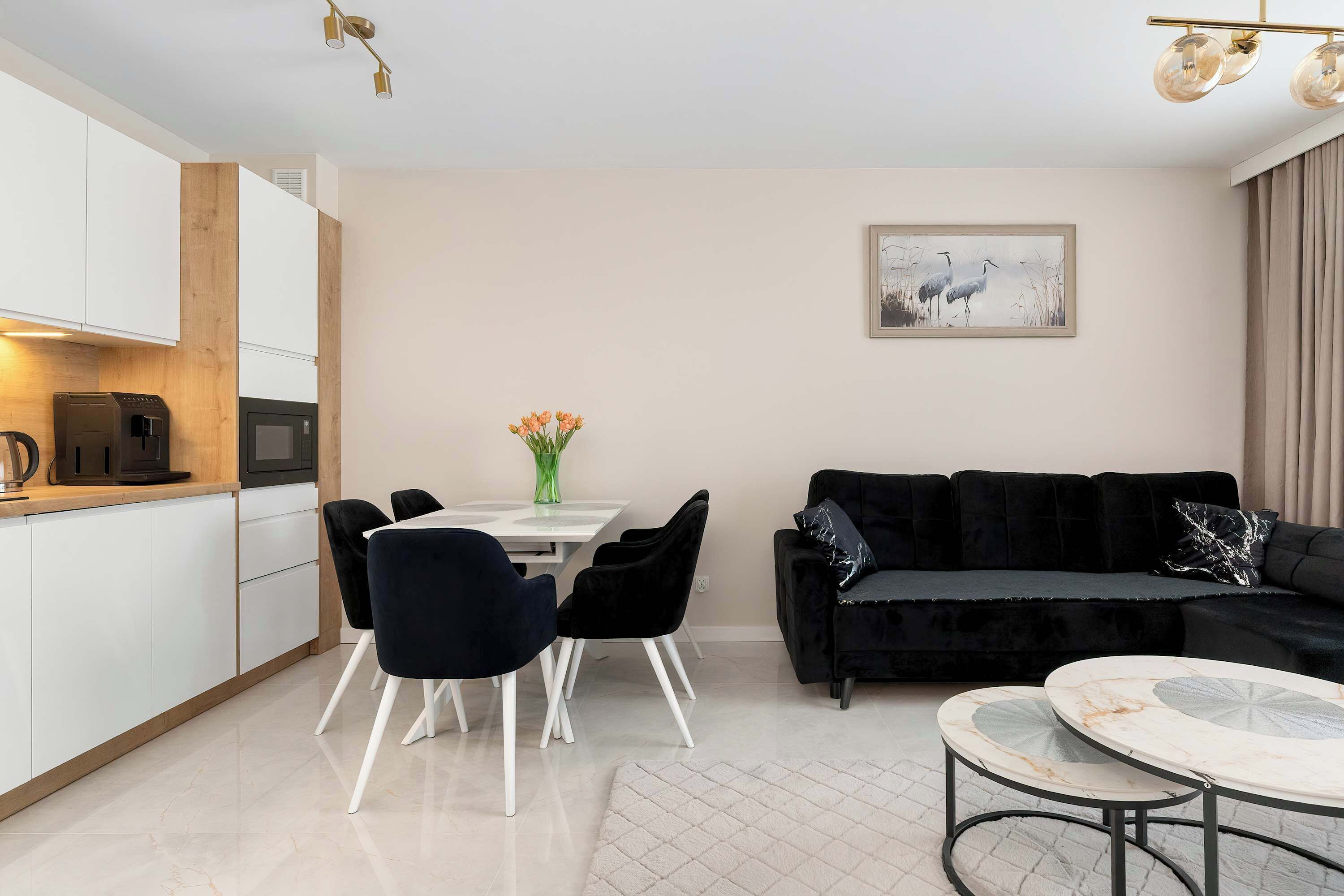 A bright living room with a compact dining area next to it. Light-colored walls and flooring contrast with a dark sofa and chairs. A minimalist design gives the space a clean and modern feel.