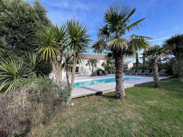 A pool area with palm trees, a house, and lounge chairs.