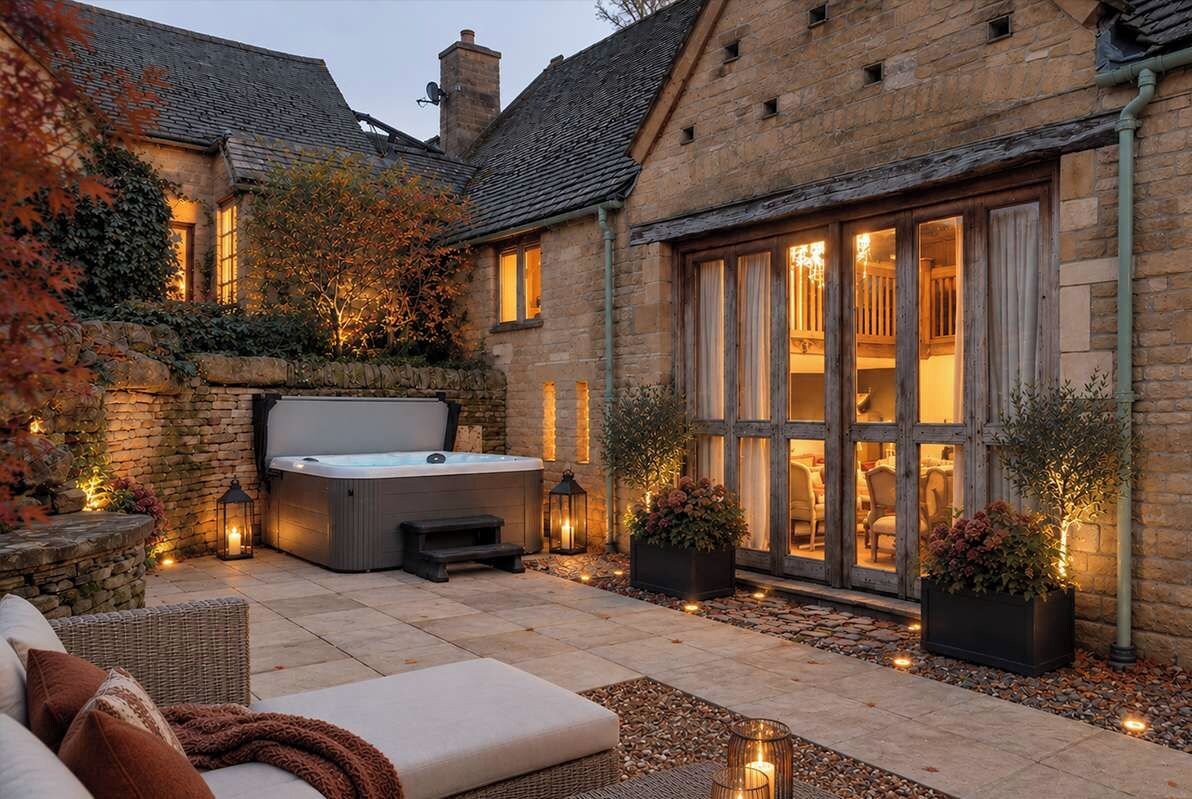 A stone building with a hot tub, outdoor seating, and a large window overlooking a dining area.