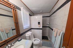 Ein Badezimmer mit Toilette, Waschbecken, Spiegel, Handtuchhalter und Duschbereich.