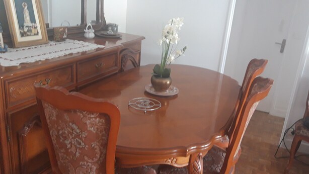 A dining table with chairs, a vase with flowers, and a mirror on the wall. - Apartment Paris ( Le Kremlin-Bicêtre ) (Le Kremlin-Bicêtre)