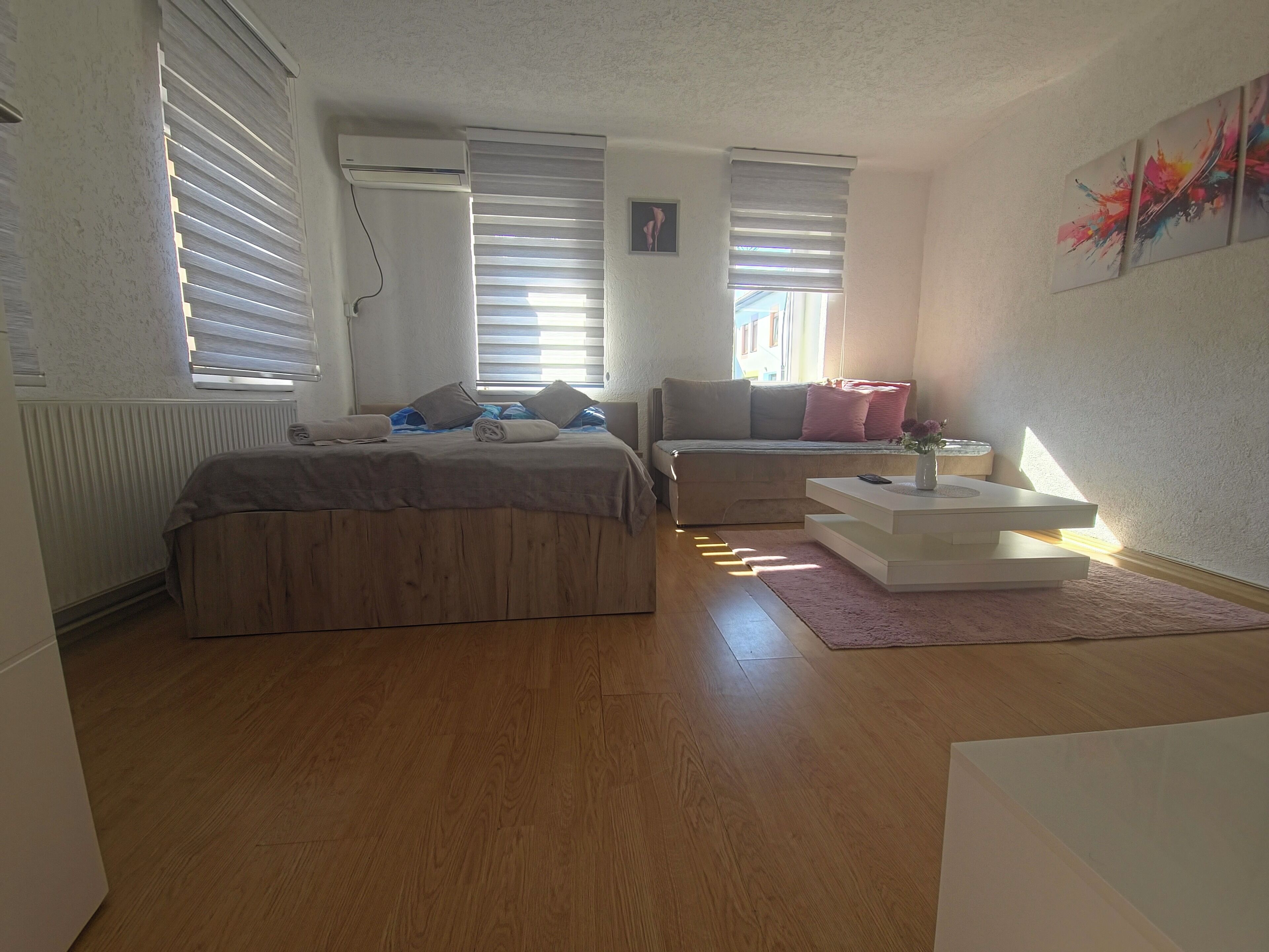 Ein Schlafzimmer mit einem Bett, einem Sofa, einem Couchtisch und einer Heizung.