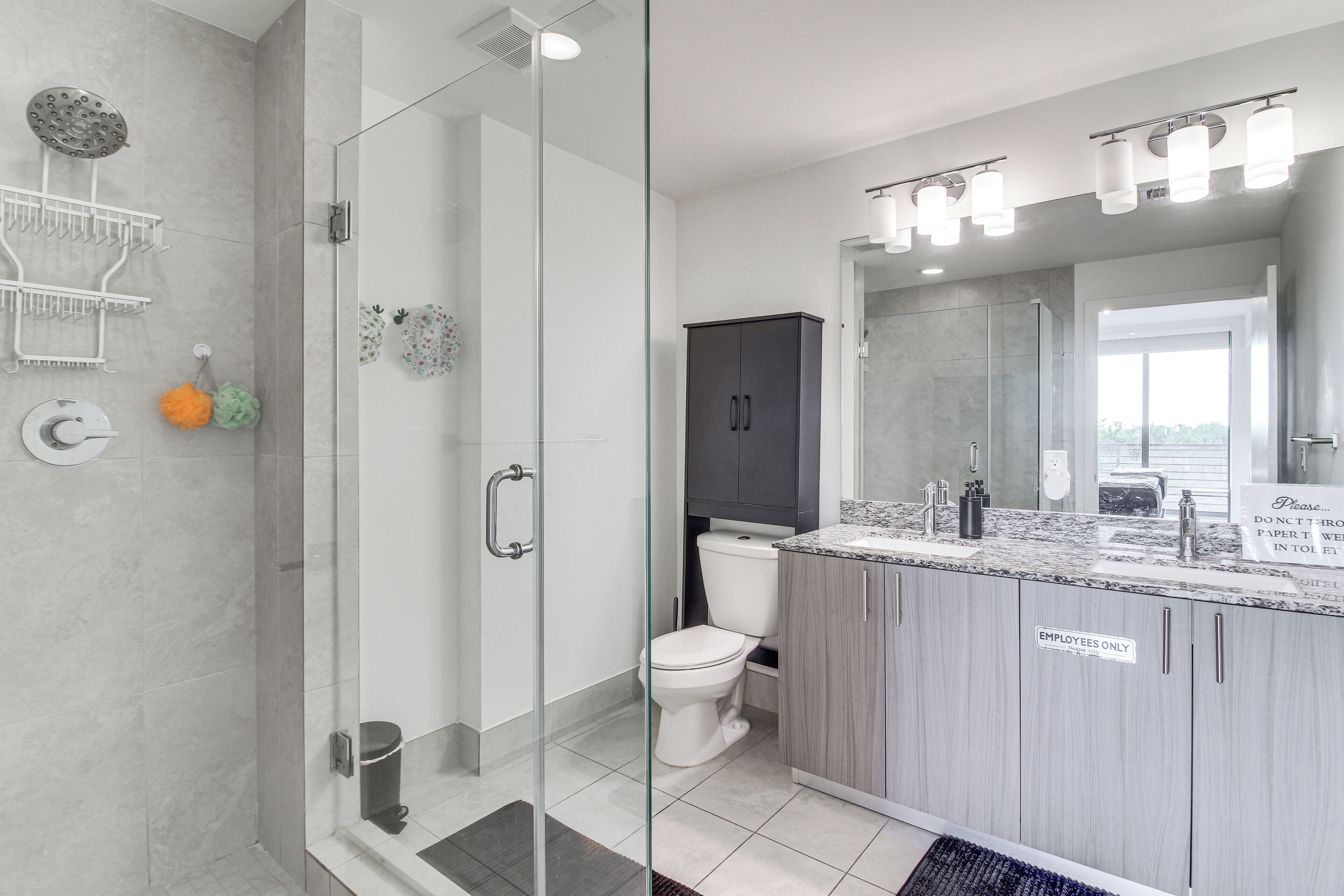 A modern bathroom with a glass shower enclosure, a toilet, and a vanity with a mirror.