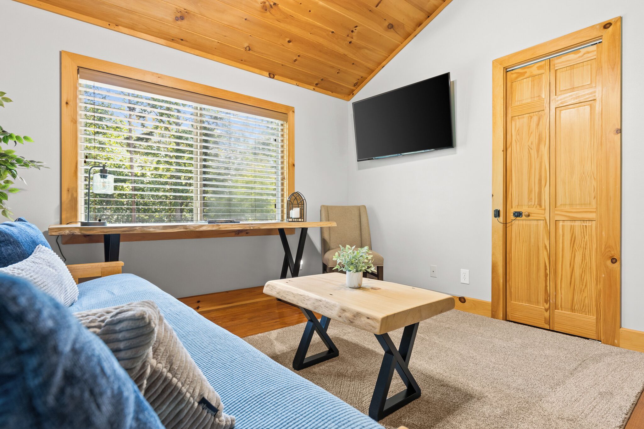 A room with a wooden ceiling, a TV mounted on the wall, a wooden door, a window with blinds, a wooden table with a plant, and a blue sofa.