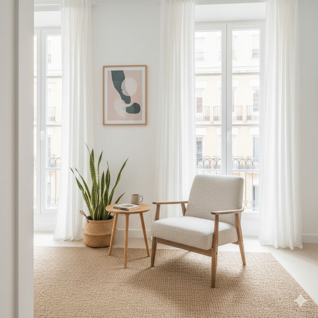 A cozy room with a large window, a chair, a small table, a potted plant, and a framed artwork.