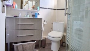 A bathroom with a toilet, a sink with a mirror, a shower area, and a small rug on the floor. - Saint Vincent near beach all comforts (le Grau D'Agde)