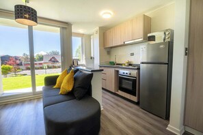 Fridge, microwave, stovetop, toaster