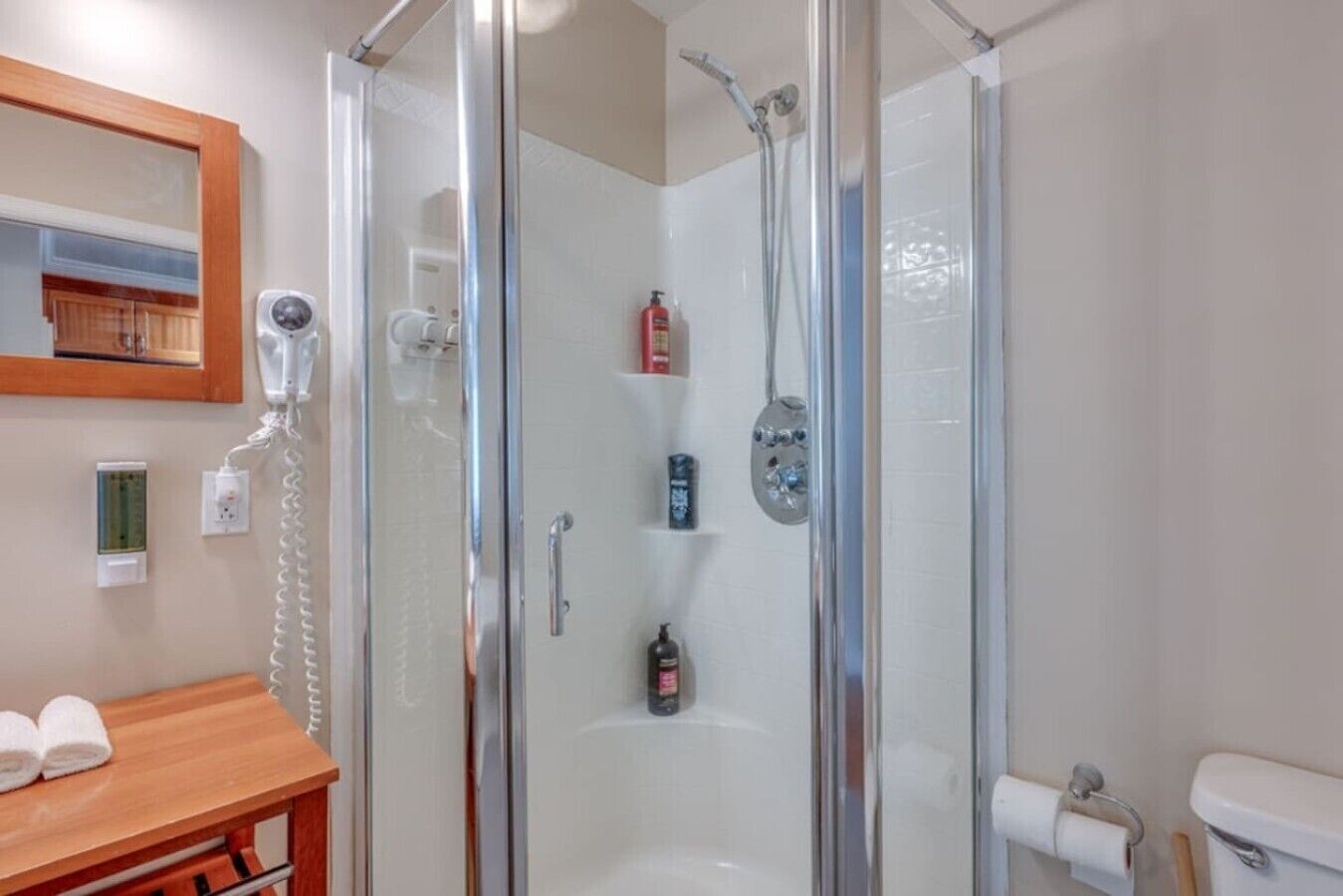 A glass-enclosed shower with a handheld showerhead, a handheld dryer, and a bottle of shampoo on a shelf.