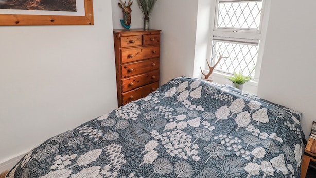 A bedroom with a bed, a dresser, a window with a plant, and a framed picture on the wall. - 25 Low Seaton (Workington)