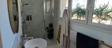 Shower, hair dryer, towels, soap