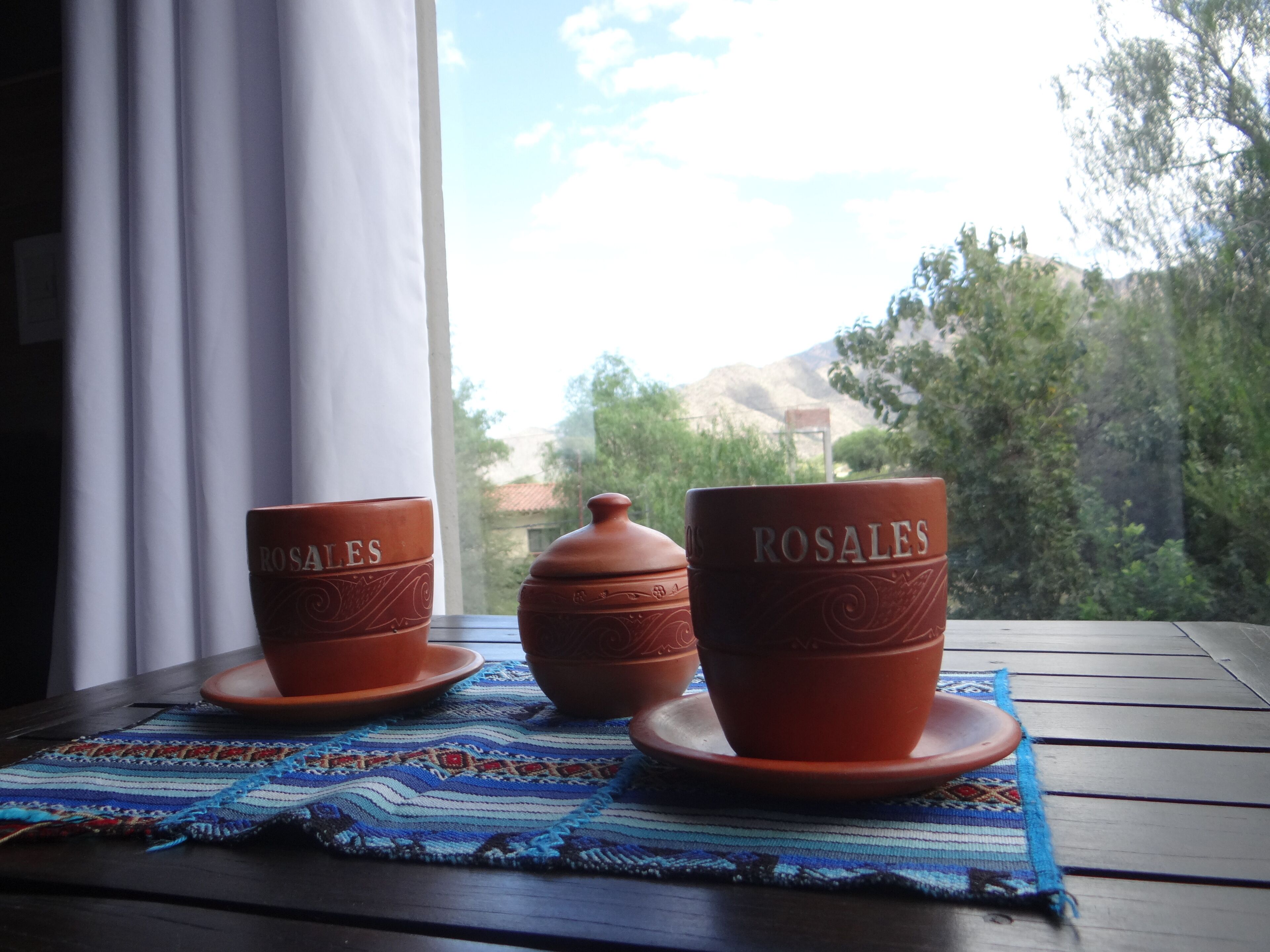 Two terracotta pots with 'ROSALES' embossed on them, placed on a wooden table with a blue and white woven placemat.