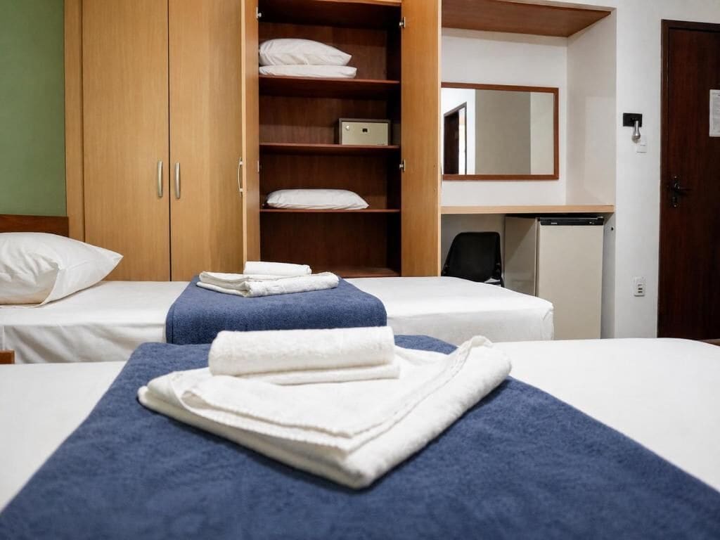 Een hotelkamer met twee bedden, een kledingkast, een bureau met stoel en een kleine kitchenette.