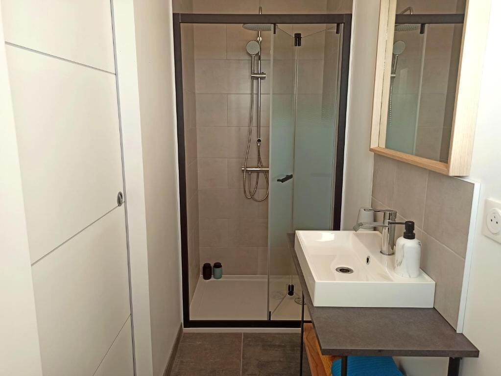 A bathroom with a glass-enclosed shower, a white sink, and a mirror above it.