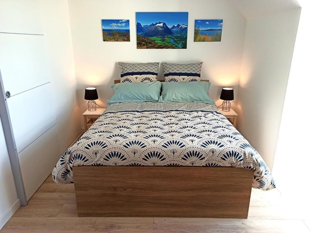 Una cama con una colcha estampada, dos lámparas de noche y tres cuadros en la pared.