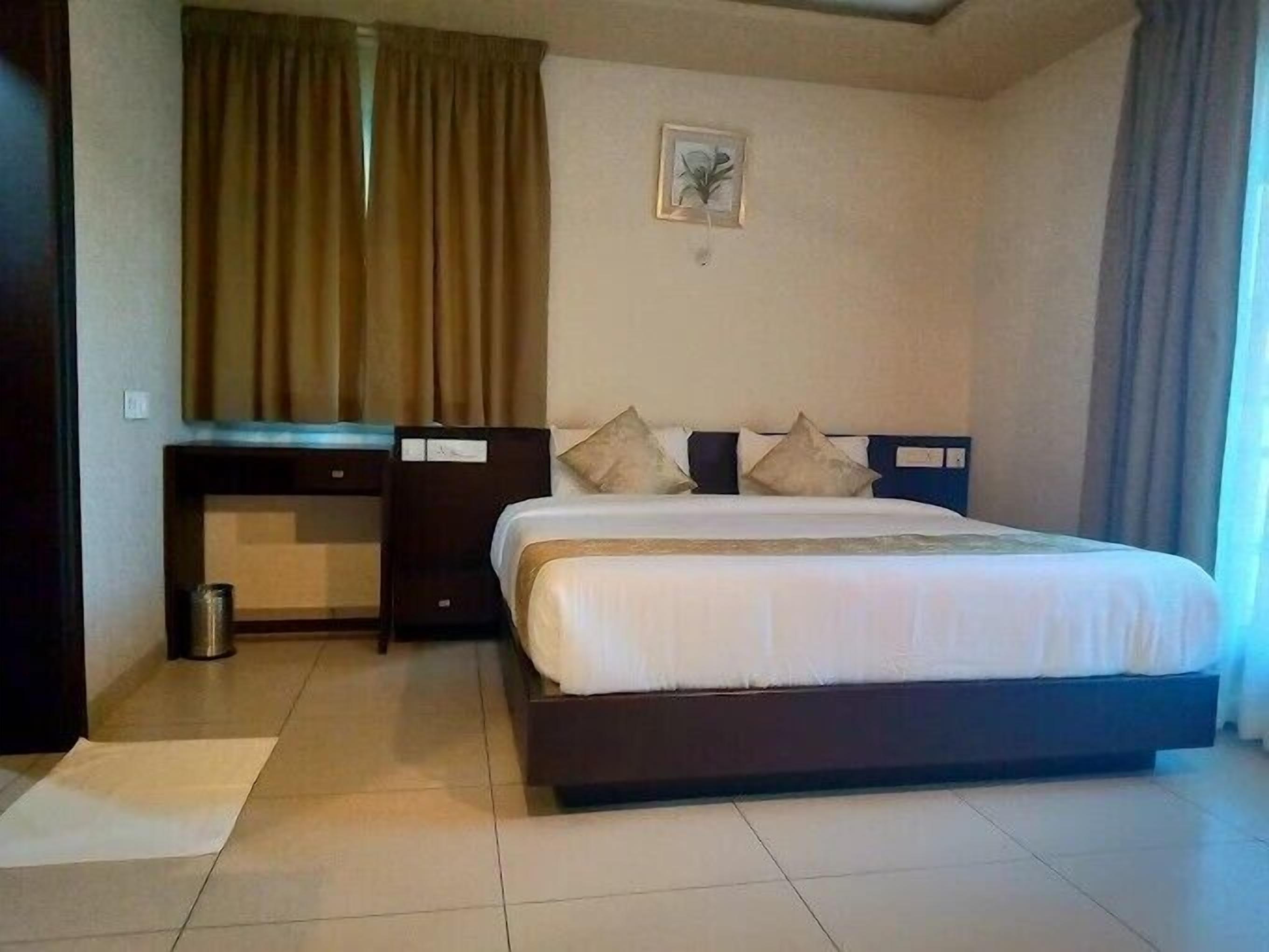 Habitación de hotel con cama, escritorio, silla, cubo de basura y una planta pequeña en la pared.
