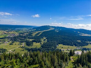 Eine gebirgige Landschaft mit blauem Himmel, dichten Wäldern und einer kleinen Siedlung mit Straßen und Gebäuden.