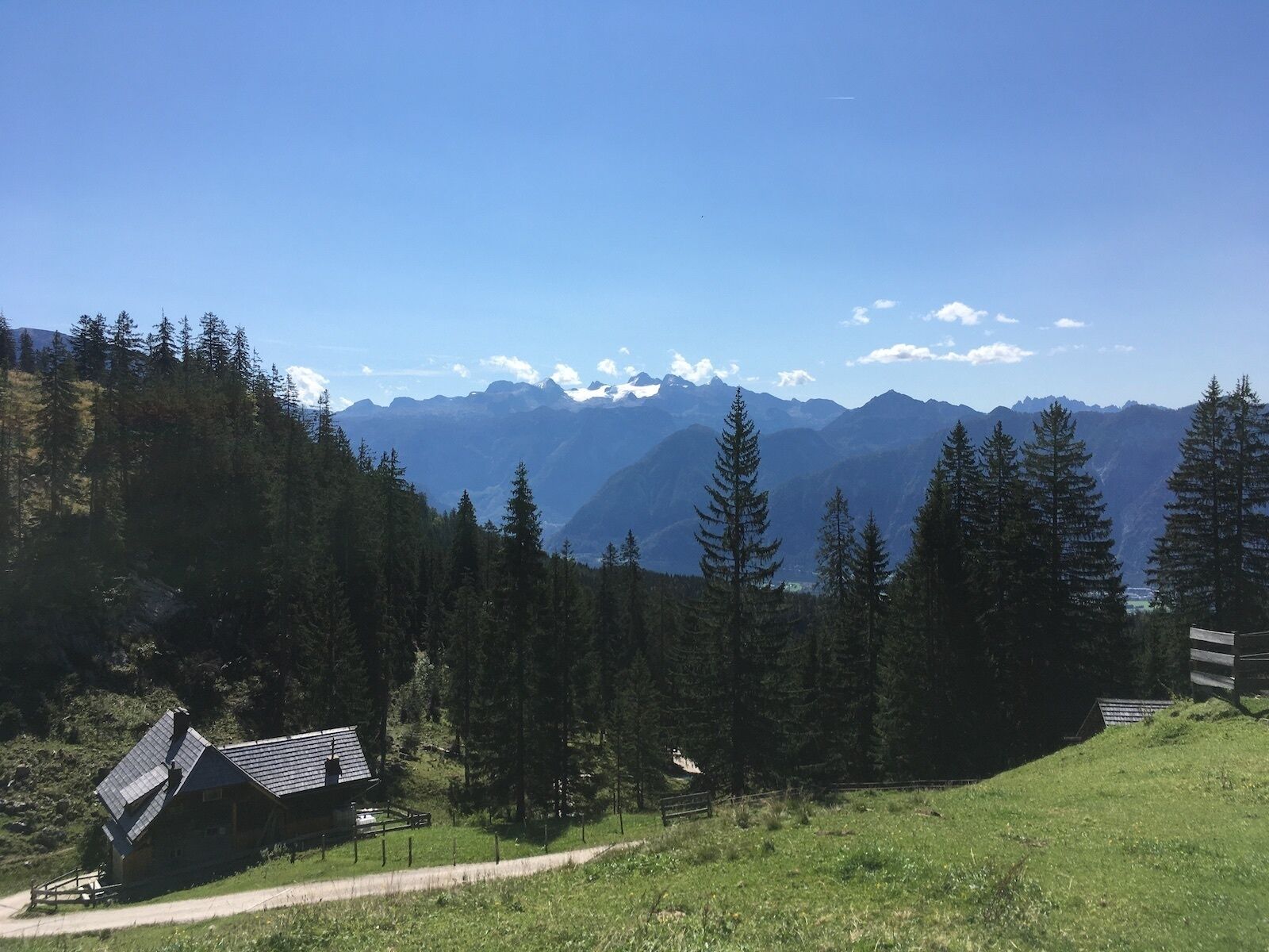A cabin with a sloped roof, surrounded by a forest and mountains in the background.