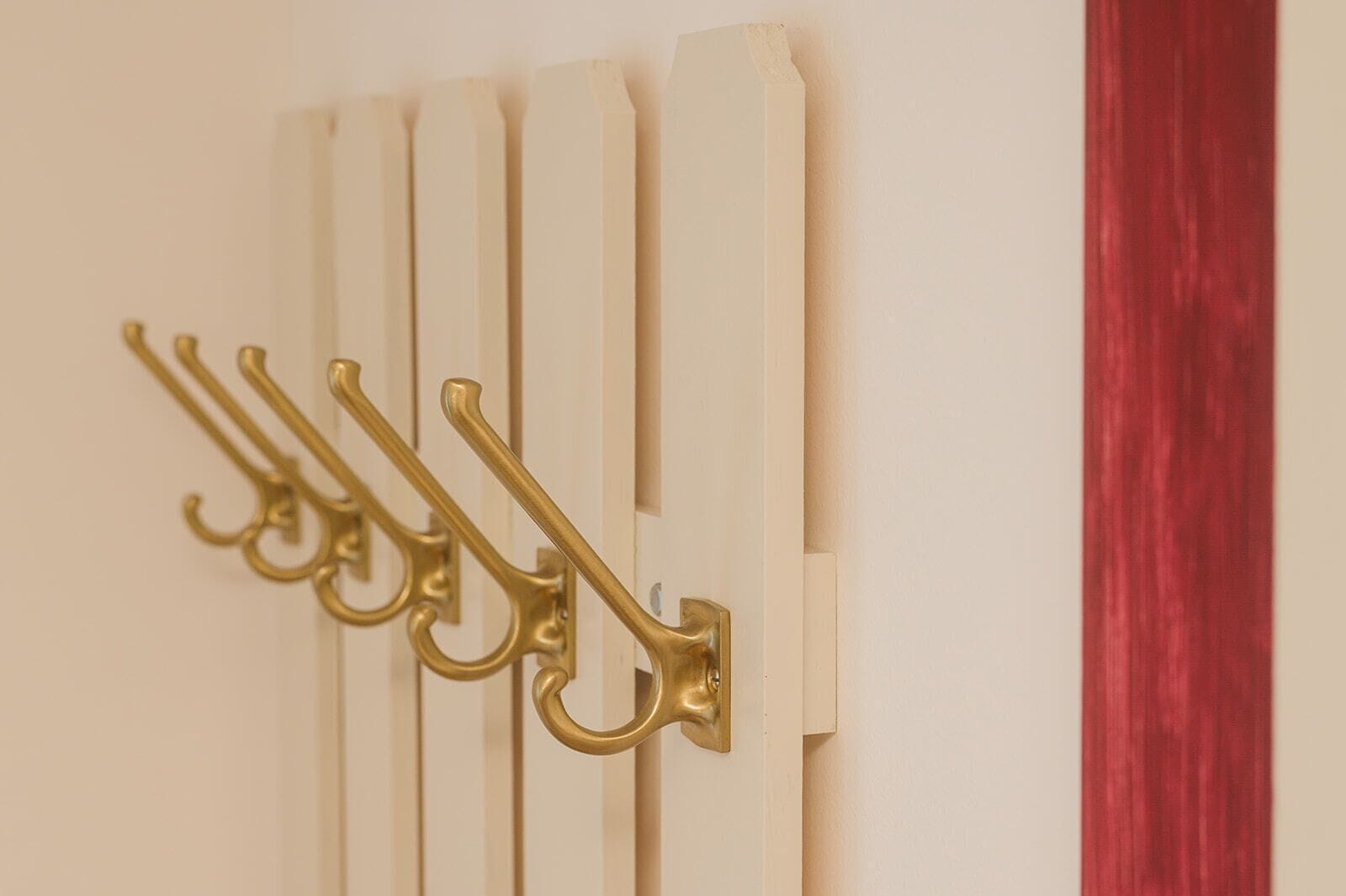 Sistema de ganchos de latón fijado a la pared con un panel vertical.