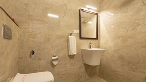 A bathroom with a toilet, sink, and mirror. - WELBECK BY THE BEE HIVES (Ooty)