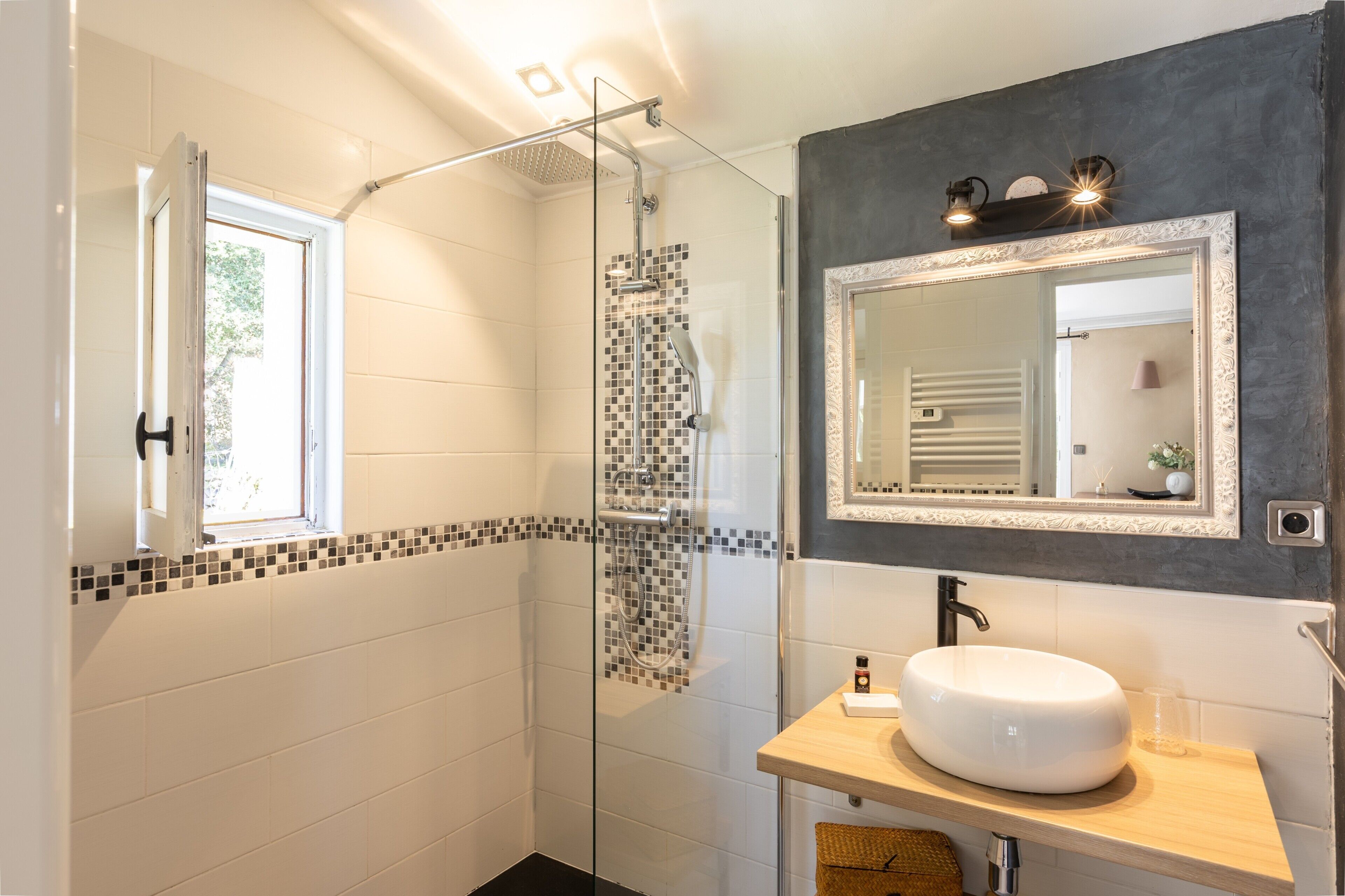 Shower, hair dryer, towels