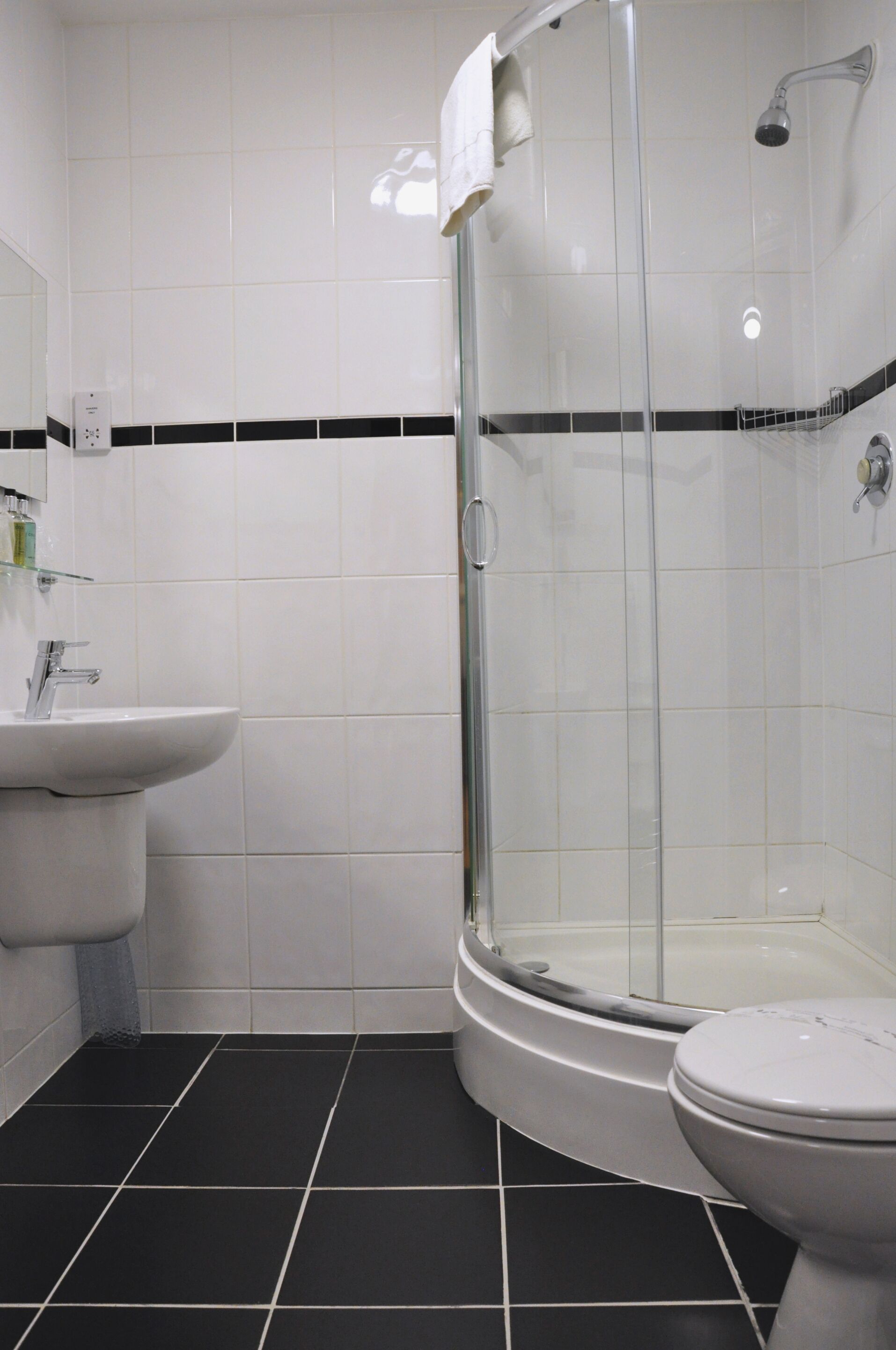 Un baño con cabina de ducha de vidrio, un lavabo blanco y un inodoro.