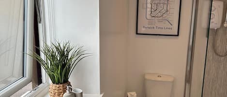 Shower, hair dryer, towels, soap