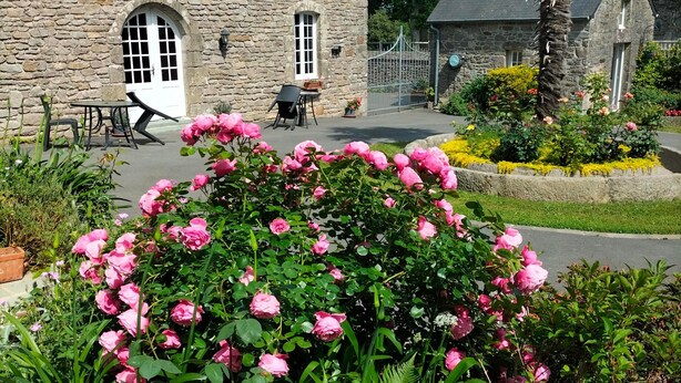Un edificio de piedra con puerta y ventanas, un patio empedrado con una mesa y sillas, y un jardín con flores rosas y helechos.