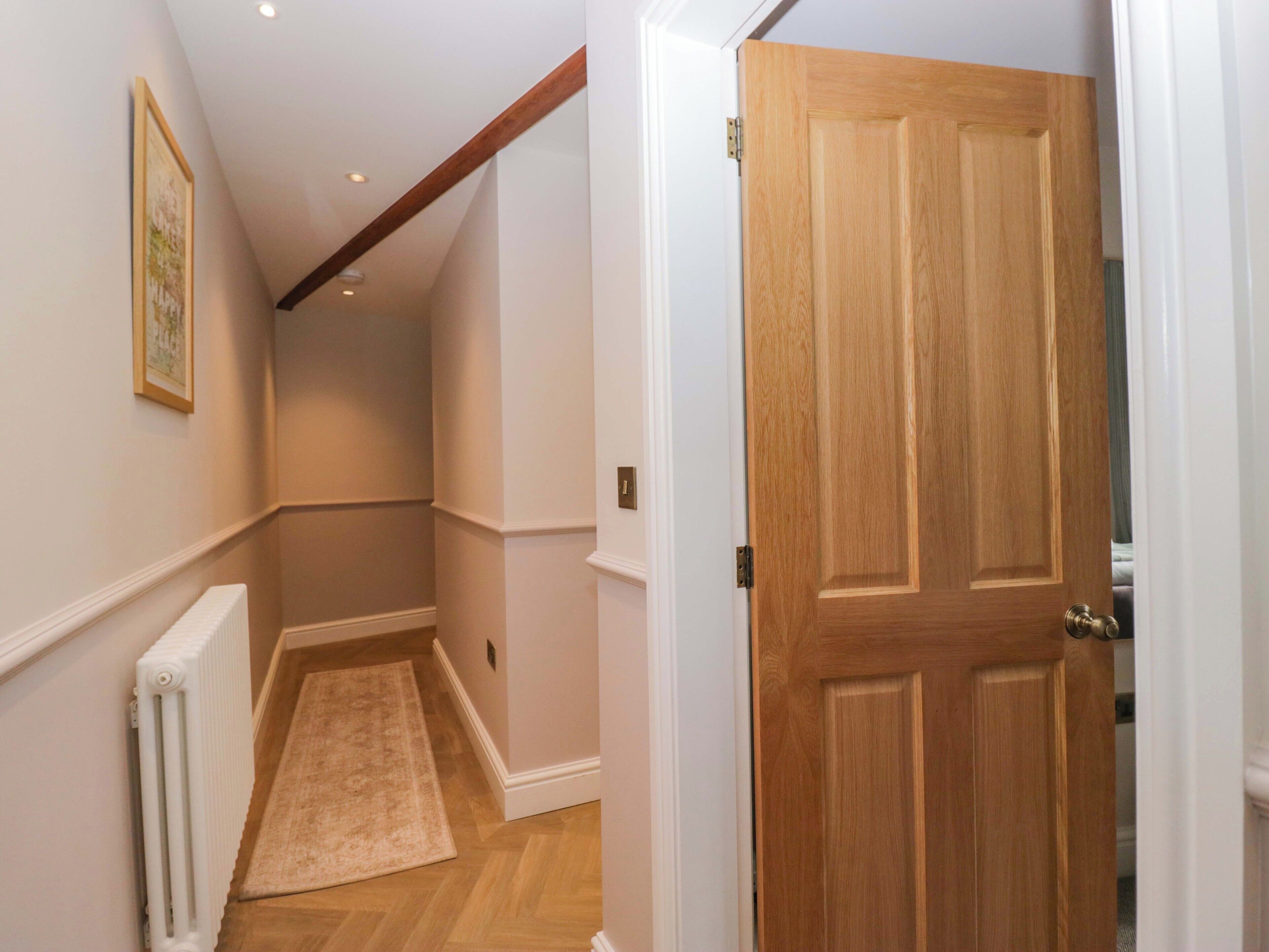 A hallway with a radiator, a wooden door, and a carpeted floor.