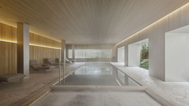 Ein modernes Spa mit einem spiegelnden Pool, Holzwandverkleidungen und Sitzbereichen.