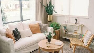 Smart TV, fireplace, books, stereo
