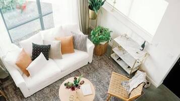 Smart TV, fireplace, books, stereo