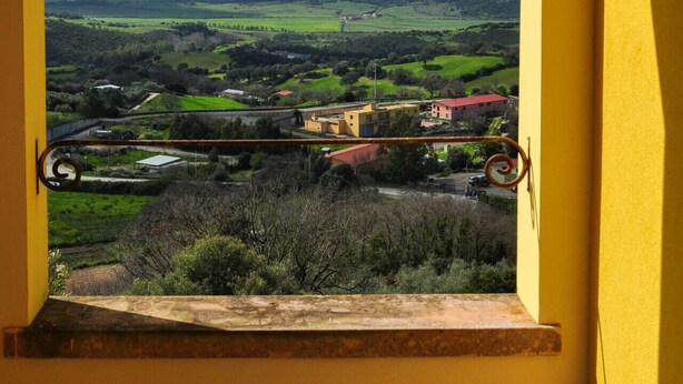 Blick aus dem Fenster auf eine Landschaft mit grünen Feldern, einem Berg und Gebäuden.