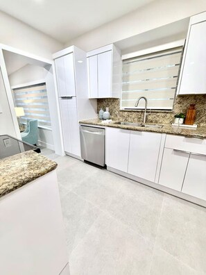 A modern kitchen with white cabinets, a granite countertop, a stainless steel dishwasher, and a window with blinds. - Stylish retreat with private backyard (Miami)