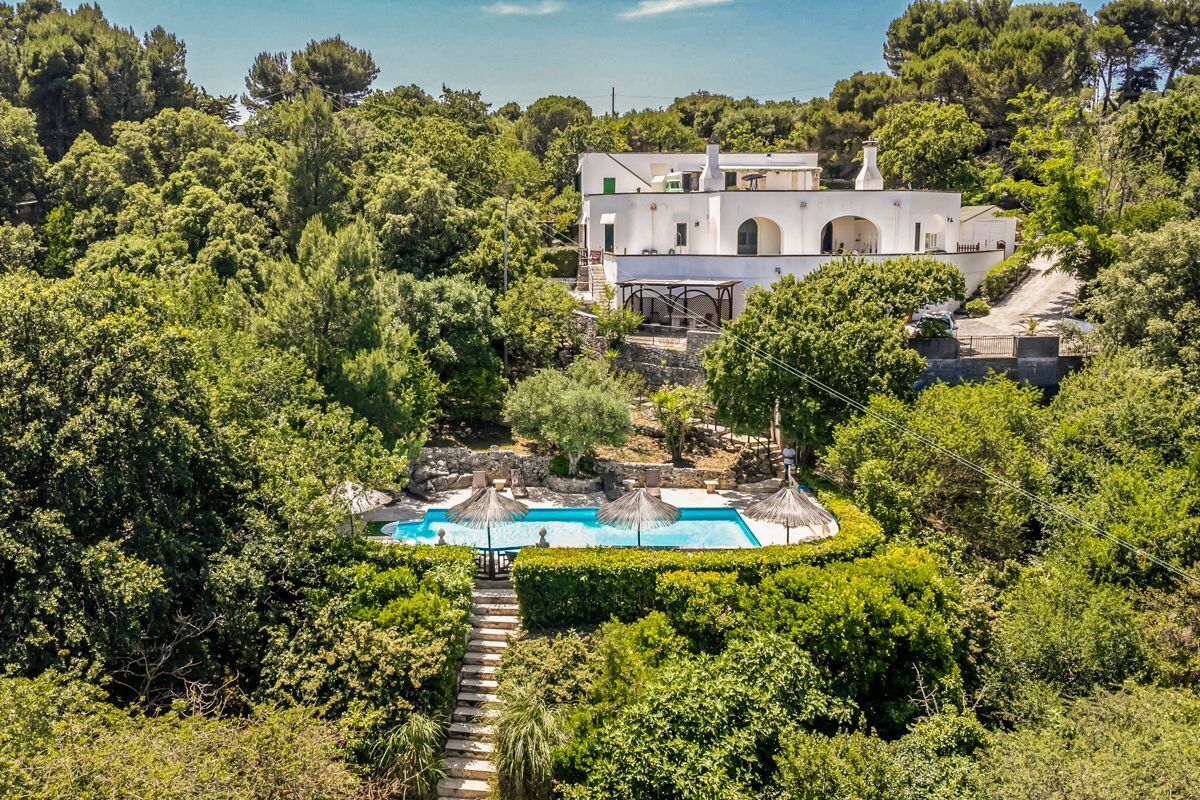 A villa with a swimming pool surrounded by lush greenery.