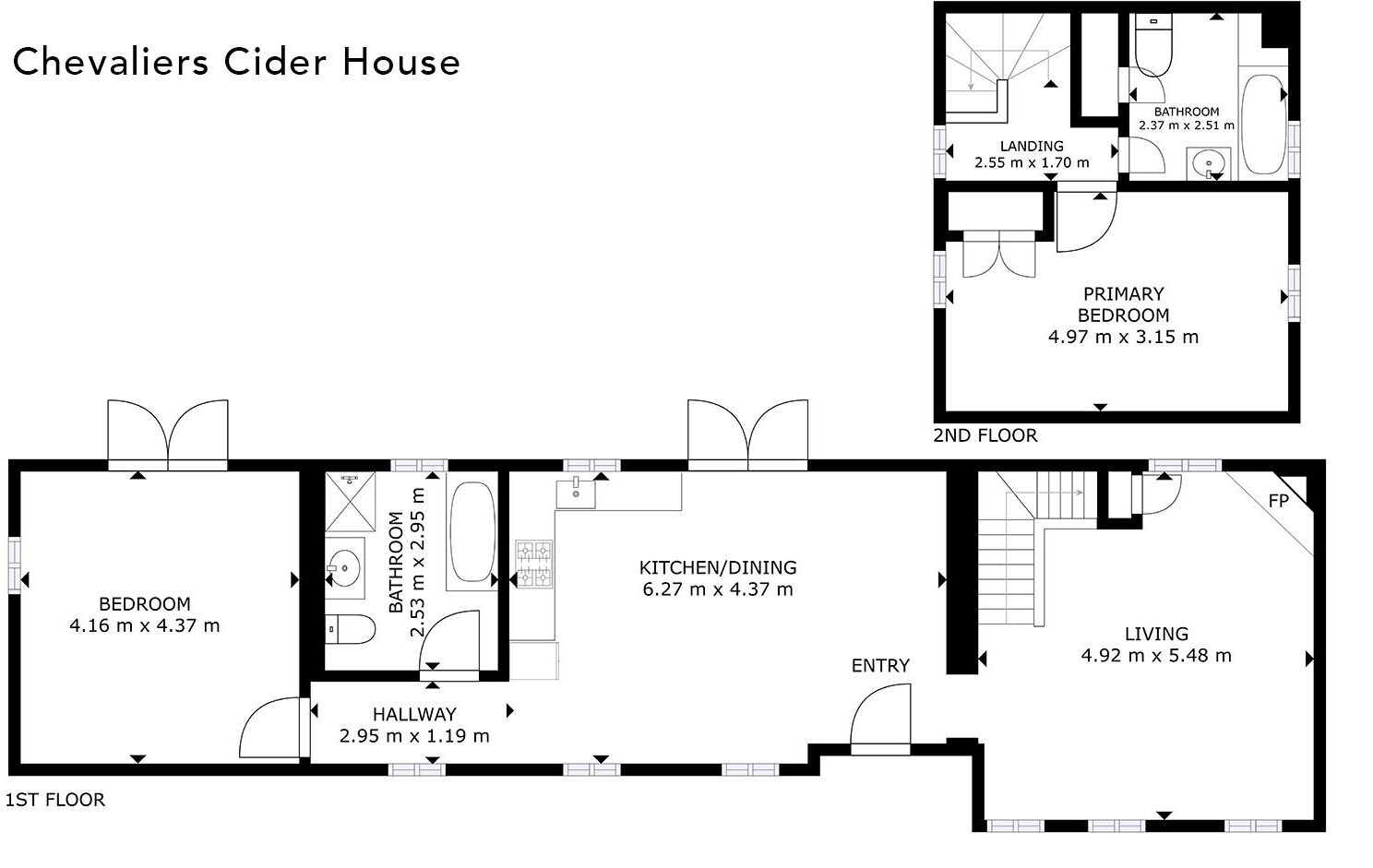 A floor plan of the Chevaliers Cider House with a bedroom, bathroom, kitchen/dining, and living room on the first floor, and a primary bedroom, bathroom, and landing on the second floor.