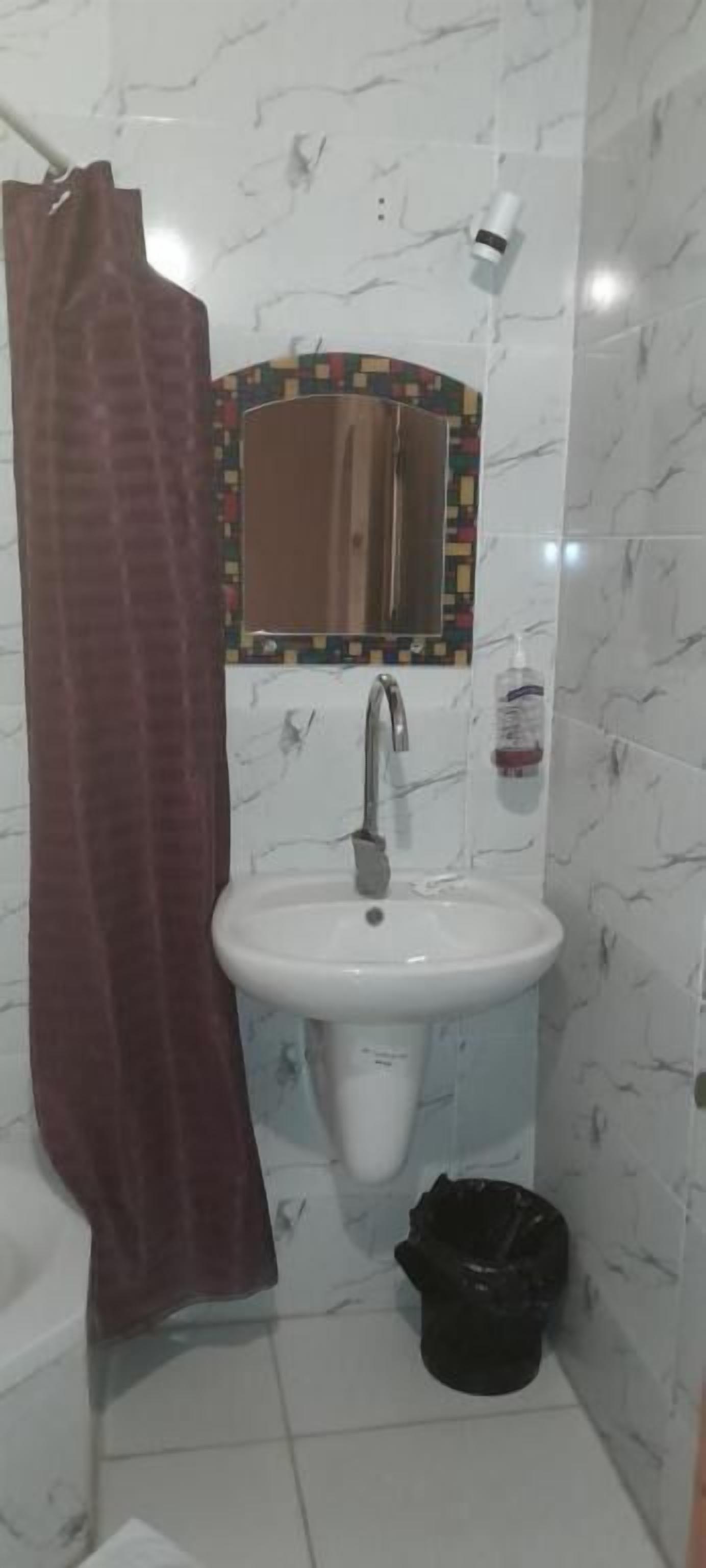 A bathroom with a white sink, a mirror, a shower curtain, and a black trash bin.